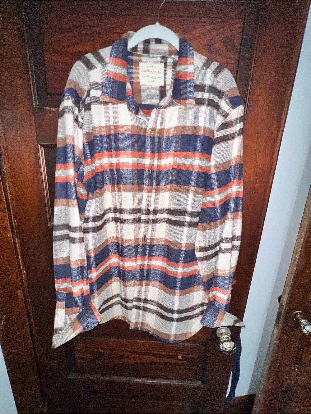 Weatherproof Men's Plaid Button-Down Shirt in Blue, Cream & Brown